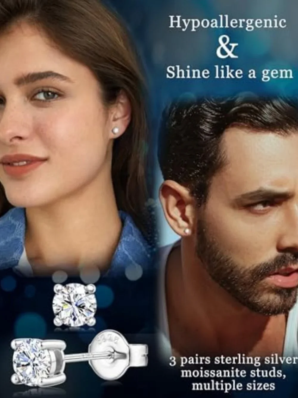 Men's Moissanite Stud Earrings in Sterling Silver, 14K White Gold Plated